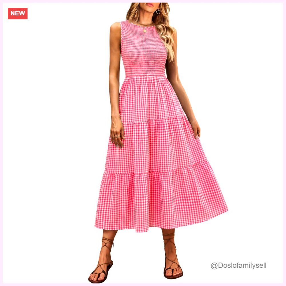 Sleeveless Maxi Dress Smocked Bodice Tiered Flowy Casual Beach Sundress